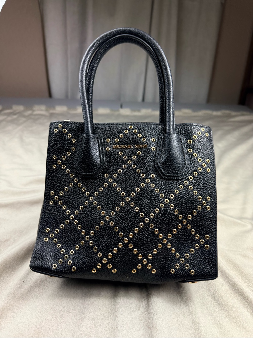Michael Kors Black Leather Satchel with Gold Stud Detail